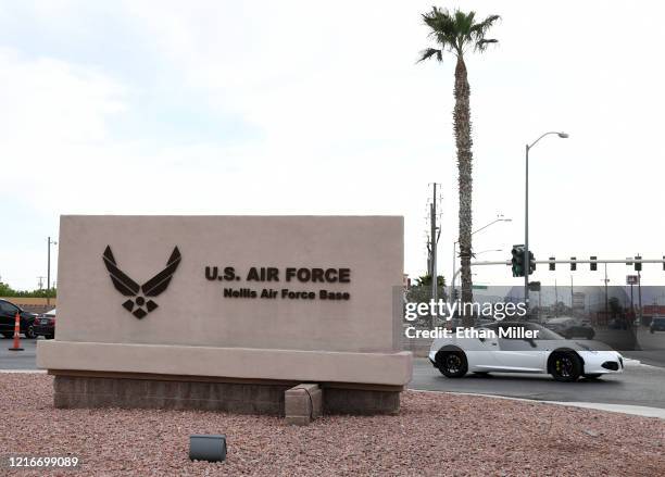 Sign near the main gate of Nellis Air Force Base is shown on April 3, 2020 in Las Vegas, Nevada. On Friday, the 99th Air Base Wing Commander Col....