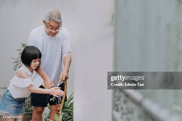 an asian chinese senior man grandfather washing his granddaughter's hand with water hose and pipe at front yard of his house - running water isolated stock pictures, royalty-free photos & images