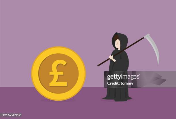 geschäftsmann kleider grimmige reaper kostüm und uk pfund münze - sensenmann stock-grafiken, -clipart, -cartoons und -symbole