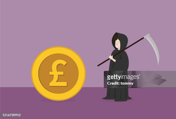 businessman dresses grim reaper costume and uk pound coin - one pound coin stock illustrations