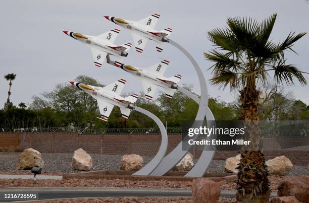 Sculpture of the U.S. Air Force Air Demonstration Squadron Thunderbirds at the main gate of Nellis Air Force Base is shown on April 3, 2020 in Las...