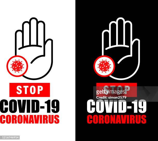 illustrazioni stock, clip art, cartoni animati e icone di tendenza di segnale di avviso stop all'epidemia di coronavirus - sparse
