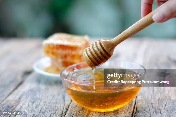 honey dipper and honeycomb on table - honey jar stock pictures, royalty-free photos & images