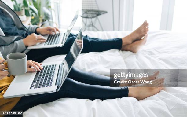 cropped shot of couple using laptops sitting in bed together - lockdown stock pictures, royalty-free photos & images