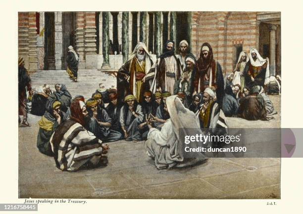 jesus speaking in the treasury - jesus teaching stock illustrations