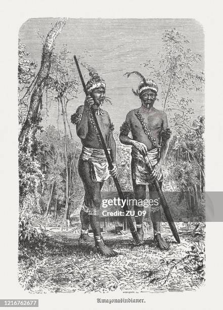südamerikanische ureinwohner im amazonasgebiet, holzschnitt, veröffentlicht 1893 - amazon region stock-grafiken, -clipart, -cartoons und -symbole