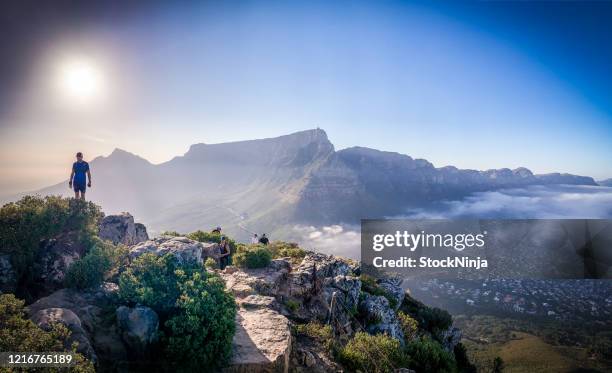 hiker looking at table mountain - table mountain stock pictures, royalty-free photos & images