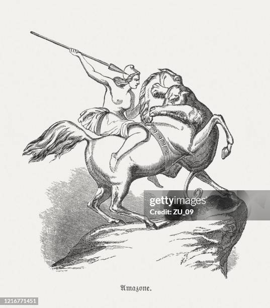 amazon on horseback, by august kiß, berlin, woodcut, published 1893 - berlin museum island stock illustrations