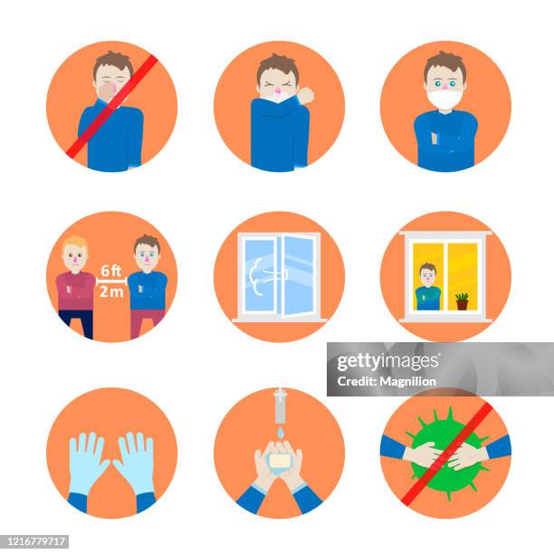 safety precautions and prevention of colds, vector illustrations in flat design style - cough or sneeze into elbow stock illustrations