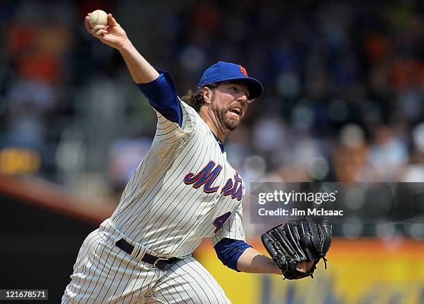 Dickey of the New York Mets pitches against the Milwaukee Brewers at Citi Field on August 21, 2011 in the Flushing neighborhood of the Queens borough...