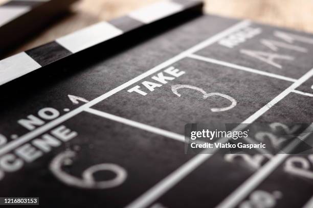 close-up of film clap board film slate - shouting fotografías e imágenes de stock