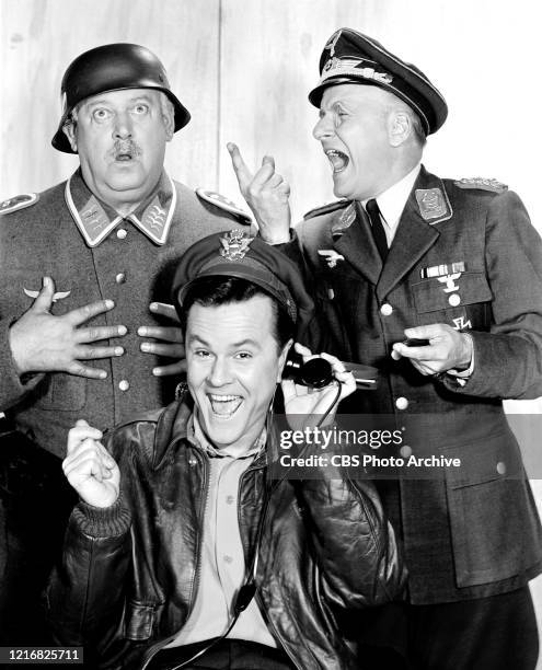 Cast members of the CBS television series "Hogan's Heroes" are John Banner as Sgt. Hans Schultz, Werner Klemperer as Col. Wilhelm Klink and Bob Crane...