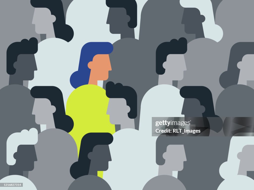 Illustration of unique woman in crowd of people