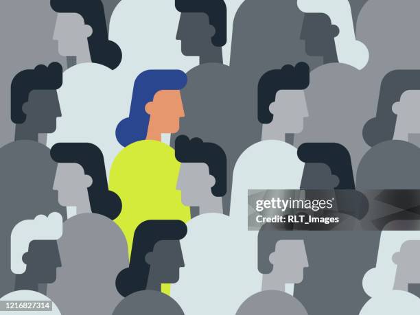 illustration of unique woman in crowd of people - standing out from the crowd stock illustrations