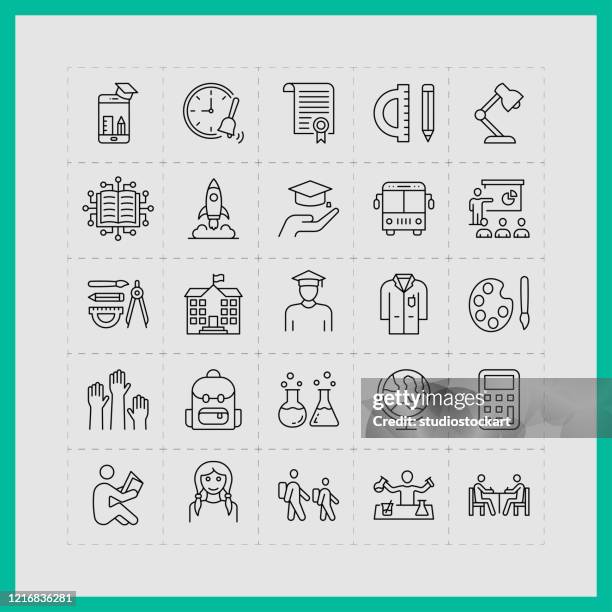 education line icon set - study table lamp stock illustrations