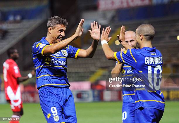 Hernan Crespo of Parma celebrates his team's third goal during the Tim cup match between Parma FC and US Grosseto at Stadio Ennio Tardini on August...