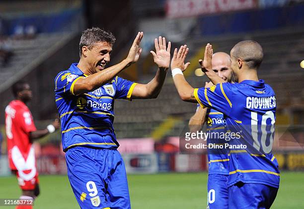 Hernan Crespo of Parma celebrates his team's third goal during the Tim cup match between Parma FC and US Grosseto at Stadio Ennio Tardini on August...