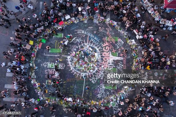 Ariel view of protestors gathered near the makeshift memorial in honour of George Floyd marking one week anniversary of his death, on June 1, 2020 in...
