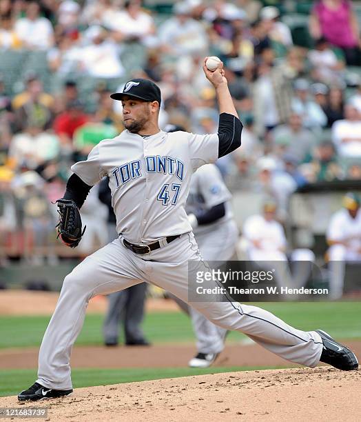 Luis Perez of the Toronto Blue Jays pitches against the Oakland Athletics in the first inning during an MLB baseball game August 21, 2011 at the O.co...