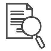 Lens and paper list line icon. Search, magnifying on document symbol, outline style pictogram on white background. Business and research sign for mobile concept, web design. Vector graphics.