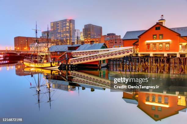 boston tea party ships along the waterfront - boston harbour stock pictures, royalty-free photos & images