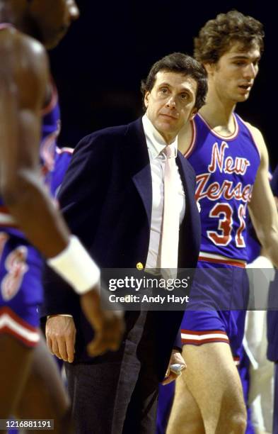 New Jersey Nets coach Larry Brown with Mike O'Koren during game vs San Diego Clippers at San Diego Sports Arena. San Diego, CA 1/22/1982 CREDIT: Andy...