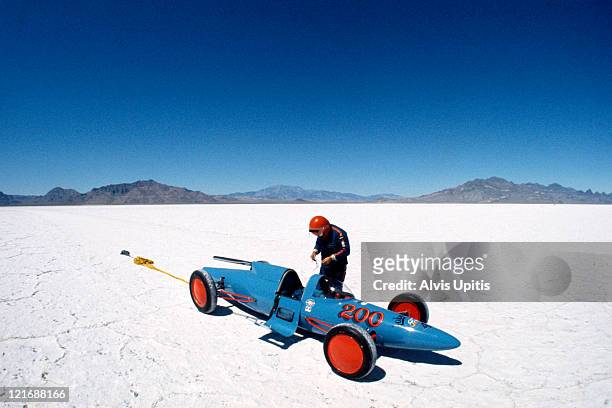 Land speed racer after making a run during Speed Week on the Bonneville Salt Flats in August 1974 near Wendover, Utah.