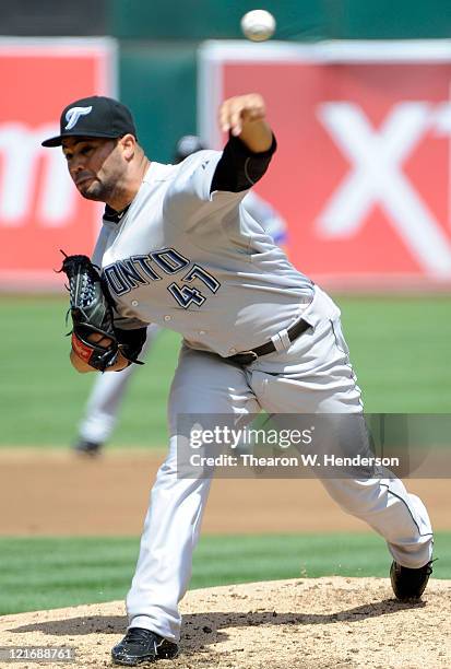 Luis Perez of the Toronto Blue Jays pitches against the Oakland Athletics in the third inning during an MLB baseball game August 21, 2011 at the O.co...