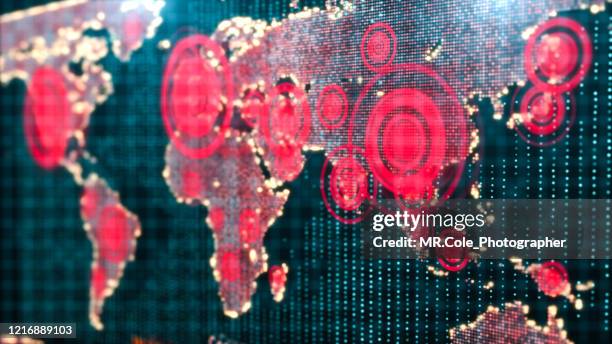 3d rendering futuristic world map interactive displaying the corona virus or covid-19 outbreak concept,digital design for science and technology background - global health fotografías e imágenes de stock