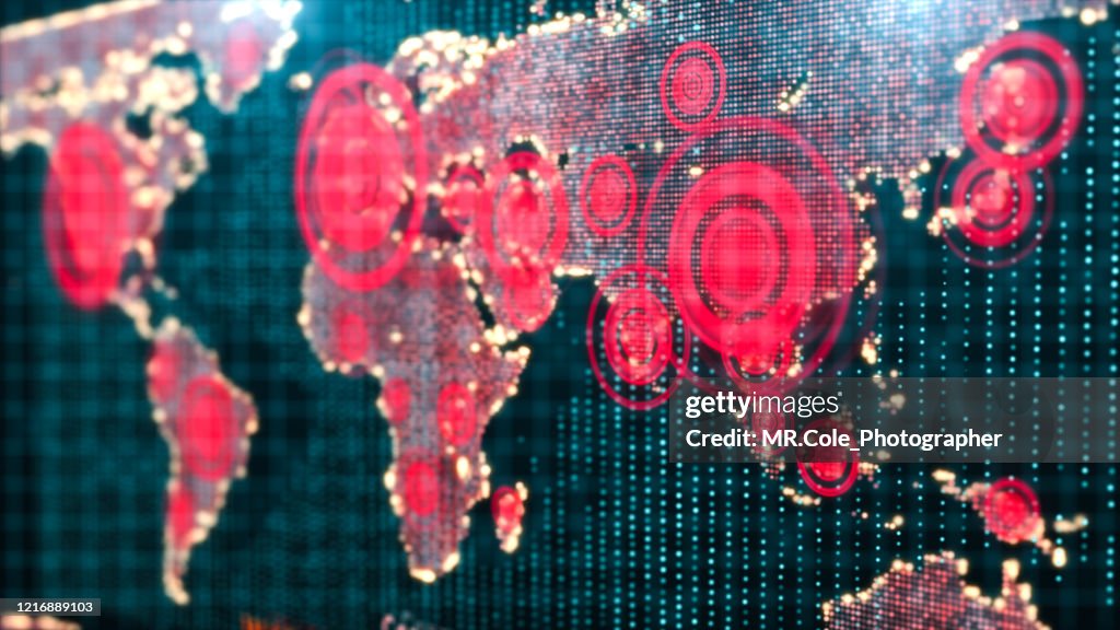 3D rendering Futuristic world map interactive displaying the Corona virus or COVID-19 outbreak concept,Digital design for Science and technology Background