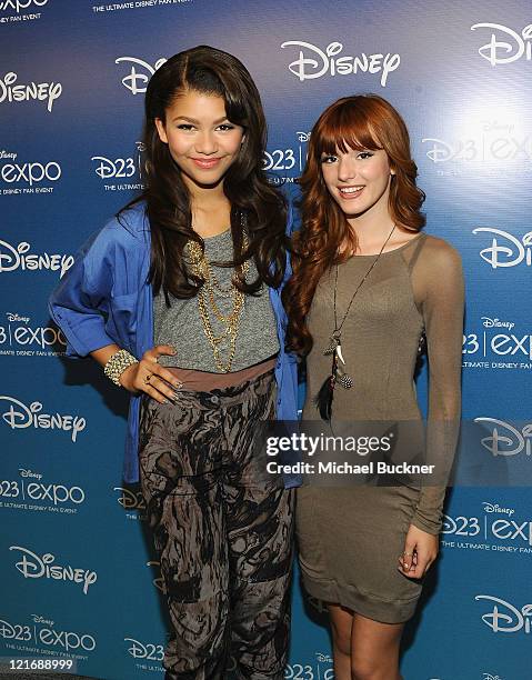 Actress Zendaya Coleman and actress Bella Thorne arrive for the "Shake It Up" Panel during Disney's D23 Expo 2011 at the Anaheim Convention Center on...