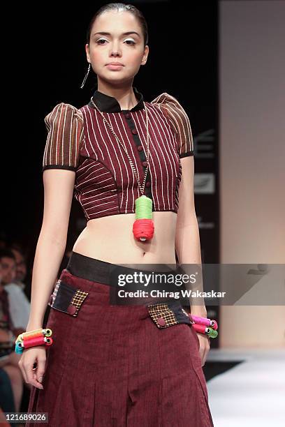 Model walks the runway at the Sabashe by Sabah Khan show at Lakme Fashion Week Winter/Festive 2011 Day 5 at the Grand Hyatt on August 21, 2011 in...