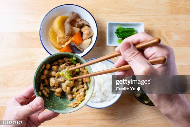 japanese food, boiled vegetables, natto, miso soup, raw eggs - natto stock pictures, royalty-free photos & images