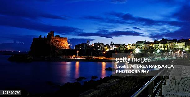 blue hour in aci castello - crepuscolo stock pictures, royalty-free photos & images