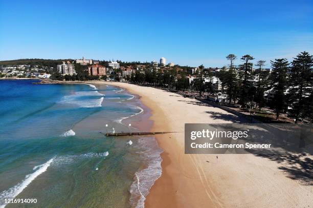 Deserted Manly Beach following its closure today on April 05, 2020 in Sydney, Australia. Northern Beaches Council today closed Manly, North Steyne,...