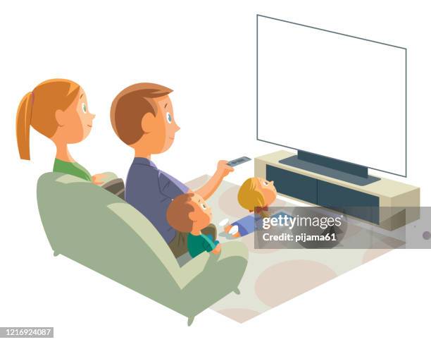 family watching television - children playing video games on sofa stock illustrations