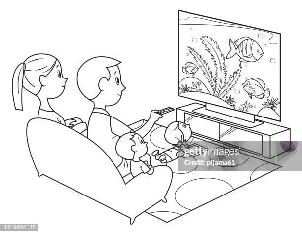 malbuch, familie fernsehen - familie sofa stock-grafiken, -clipart, -cartoons und -symbole