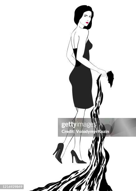 black and white portrait in full growth of a girl in high heels in a black dress - shawl stock illustrations