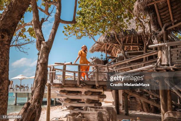 woman standing in treehouse on tropical maldives island - tree house stock pictures, royalty-free photos & images