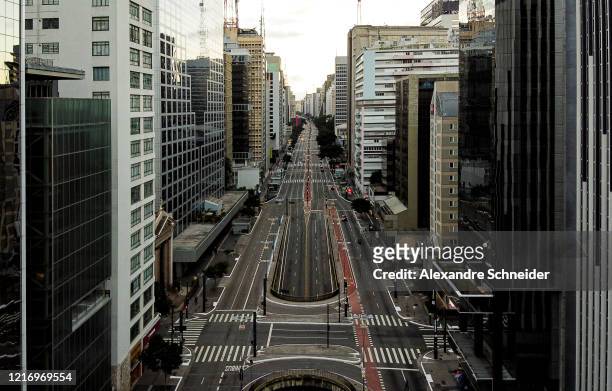 An aerial view of Paulista Avenue during the coronavirus pandemic on April 4, 2020 in Sao Paulo, Brazil. According to the Ministry of health, as of...
