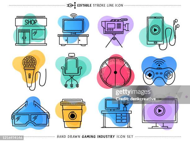 gaming industry line vector icons set - games console infographics stock-grafiken, -clipart, -cartoons und -symbole