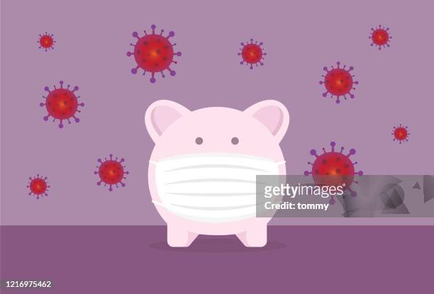 piggy bank wears a mask to protect from a virus - biotechnology investment stock illustrations