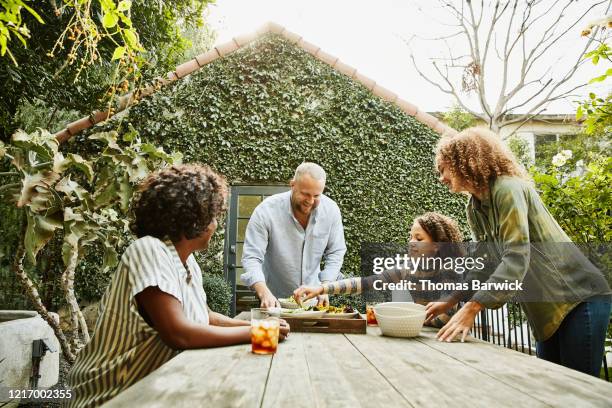 father bringing try of food to family sitting at picnic table in backyard - backyard picnic stockfoto's en -beelden