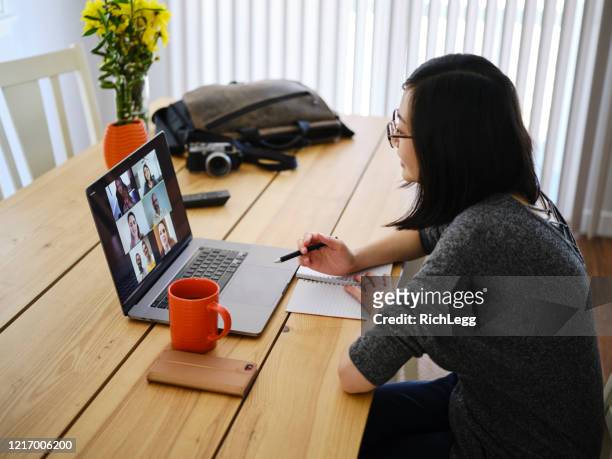 kvinna som arbetar hemma på ett webbchattmöte - web conference bildbanksfoton och bilder