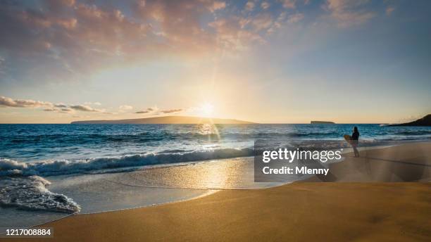 surfer at the beach maui island sunset panorama hawaii usa - makena beach stock pictures, royalty-free photos & images