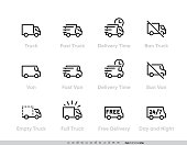 Delivery Truck icons set. Fast Truck, Minibus, Van, Delivery in Time, Ban, 24-7 Free Delivery. Vector Editable Line