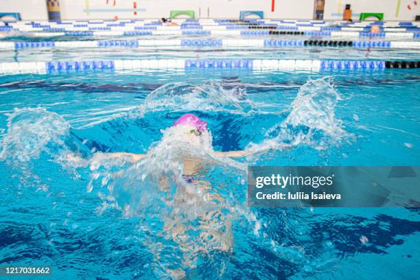 athlete diving in lap pool in sports club - hallenbad leer stock-fotos und bilder
