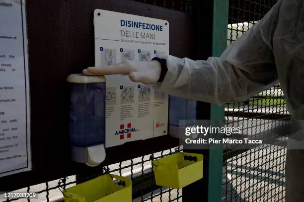 Dispenser of disinfectant is displayed Lake Maggiore Safari Park on April 05, 2020 in Varallo Pombia, Italy. Due to the lockdown of all...