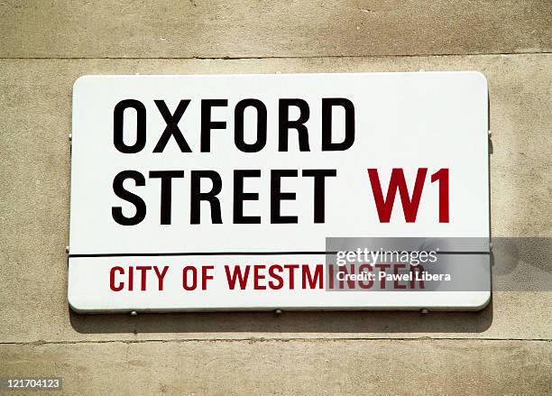 oxford street wall sign, west end, london, uk - oxford street london stock pictures, royalty-free photos & images