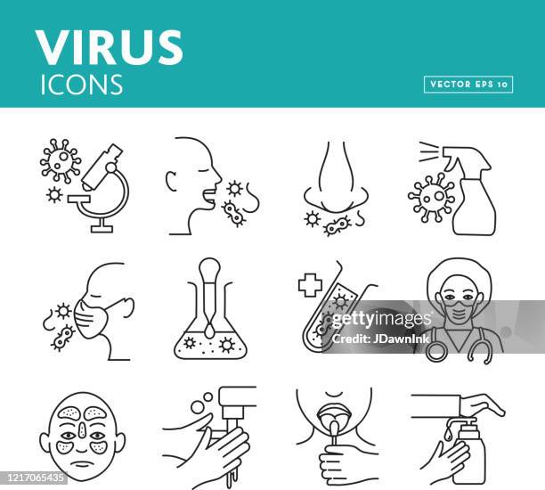 medical cold and flu virus line art icon set - microscope isolated stock illustrations
